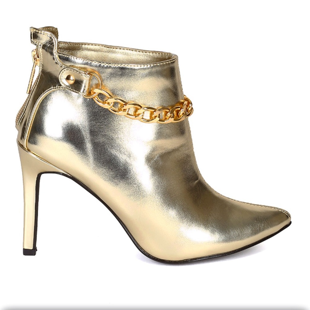 Pointy Toe Gold Chain Stiletto Heel Ankle Booties